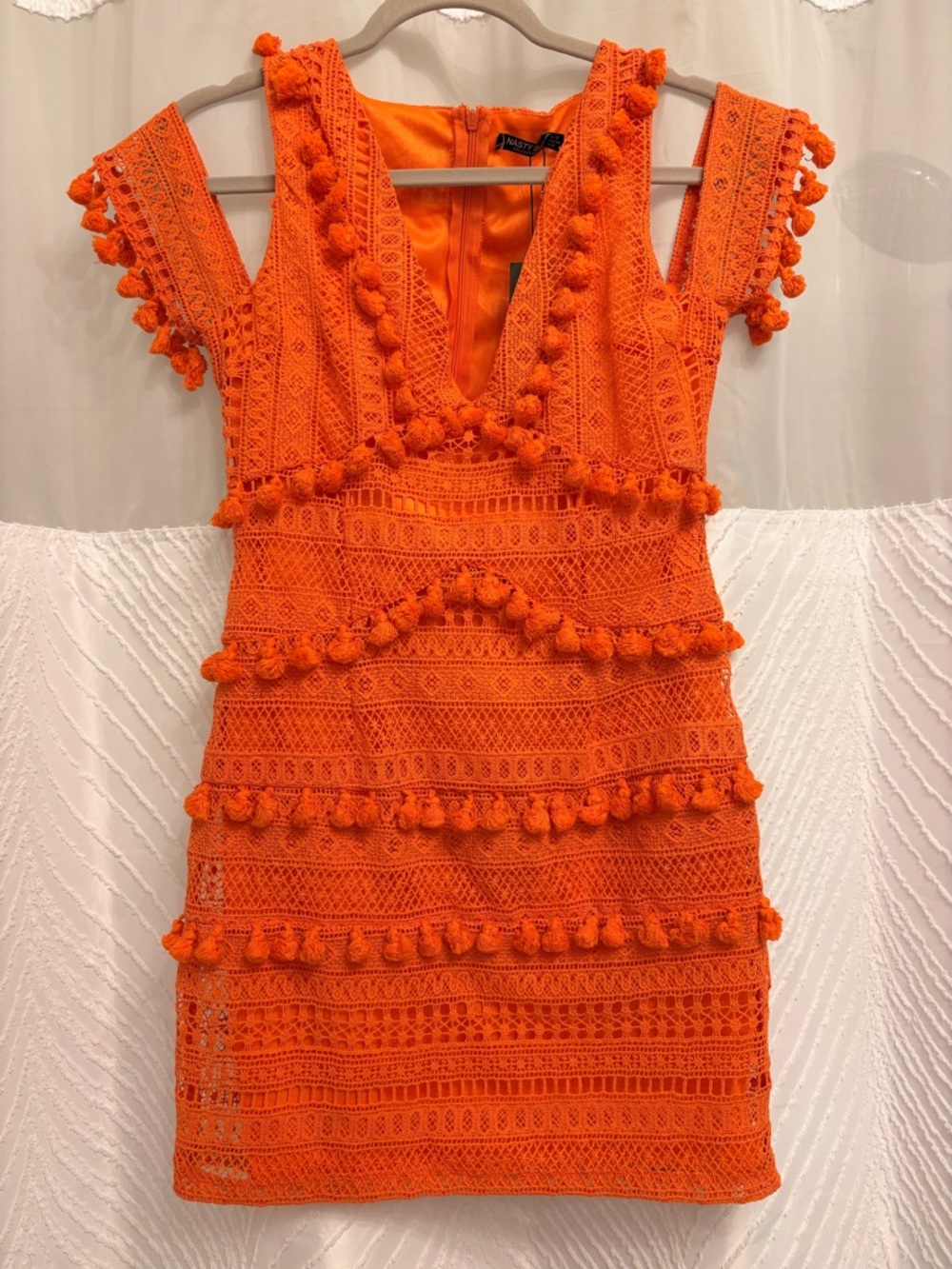 Nasty Gal Bright Orange Crochet Pom-Pom Mini Dress